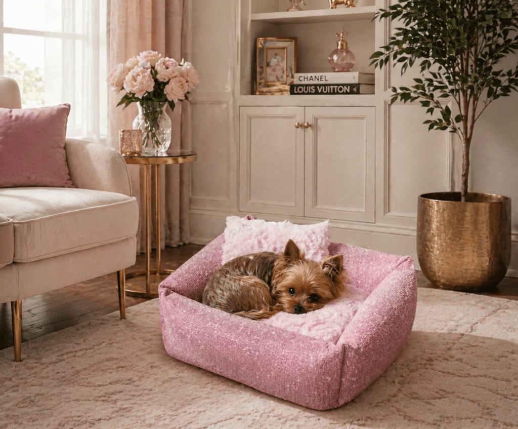 pink crystal dog bed lifestyle
