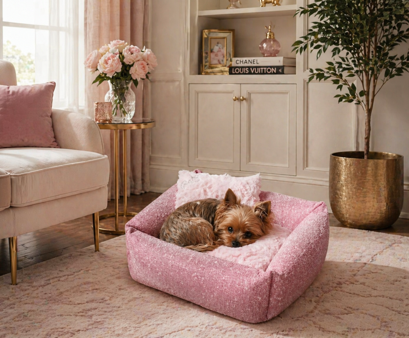 pink crystal dog bed lifestyle