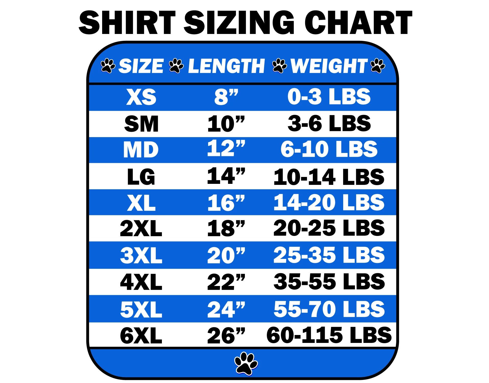 birthday shirt size chart