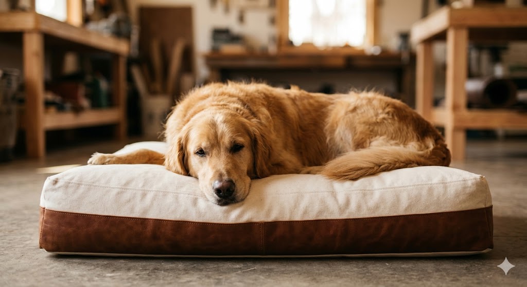 Dog resting on a USA-made luxury pet bed with natural organic materials