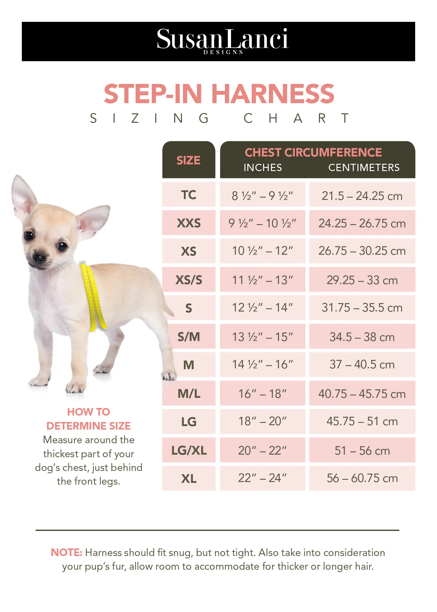 step-in dog harness size chart