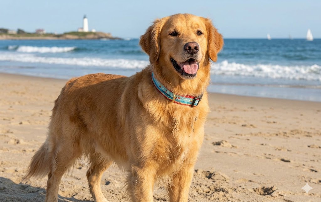 coastal dog collar golden retriever lifestyle
