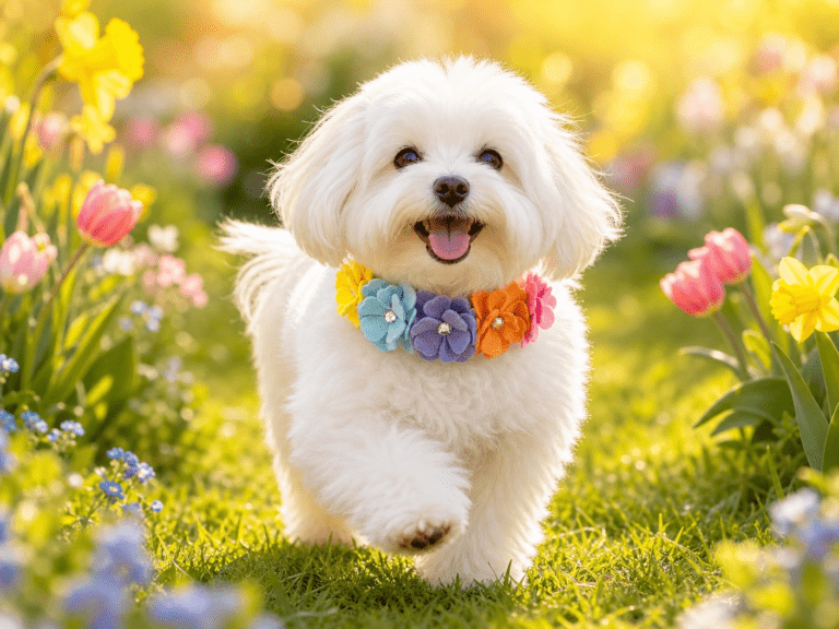dog in flower garden wearing designer flower collar
